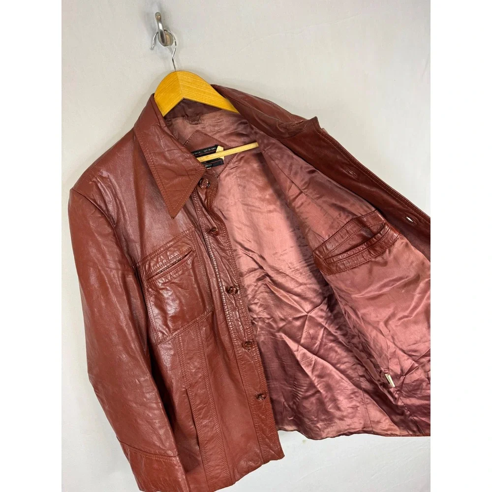 Vintage 70s HBC Baymark  Brown Leather Jacket Pointed Collar 70s Men 44